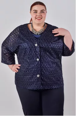 Короткий темно-синій кардиган з ажурного гіпюру великих розмірів