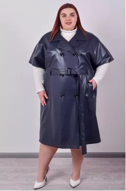 Кардиган з екошкіри в темно-синьому кольорі з поясом великих розмірів