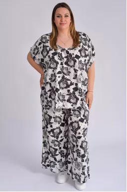 Льняной костюм с брюками в цветочный принт больших размеров