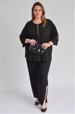 Костюм с брюками черный с декором из золотистых бусин больших размеров