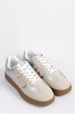 Кроссовки серебристого цвета с бежевыми вставками больших размеров