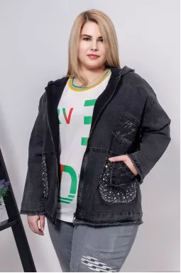 Джинсова куртка з каптуром та стразами супер батал
