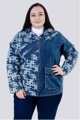 Куртка джинсова в принт з капюшоном батал