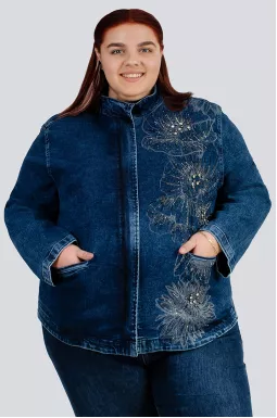 Куртка джинсова з квітковим принтом і стразами великих розмірів