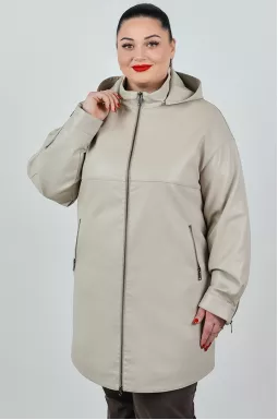 Куртка длинная из экокожи с манжетами на молнии и капюшоном больших размеров