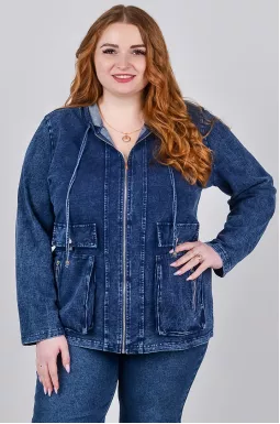 Куртка джинсова на блискавці з капюшоном в синьому кольорі великих розмірів