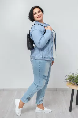 Лепень джинсовий з принтом пір'їнки зі стразів супер батал