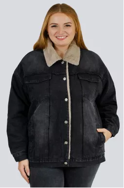 Джинсовая куртка с эффектом потертости и мехом больших размеров