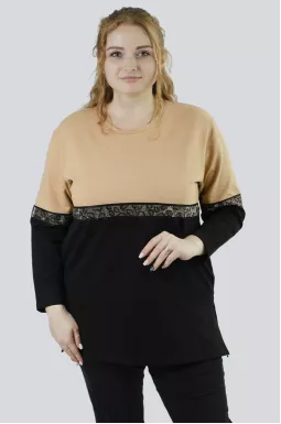 Лонгслів бежево-чорний зі стразами супер батал