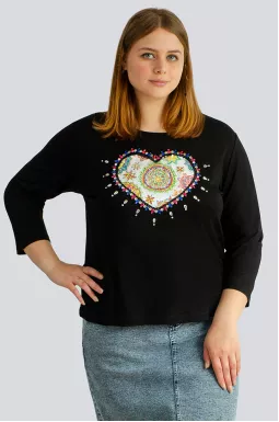 Чорний лонгслів із декором серце великих розмірів