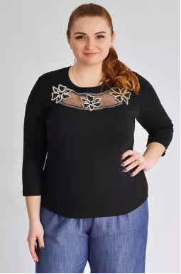 Лонгслів чорний з сіткою та декором великих розмірів