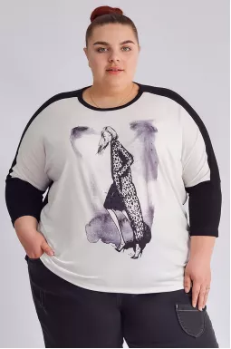 Блуза чорно-білого кольору з принтом та стразами великих розмірів