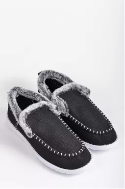 Мокасини чорні з білою строчкою та сірим екохутром великих розмірів