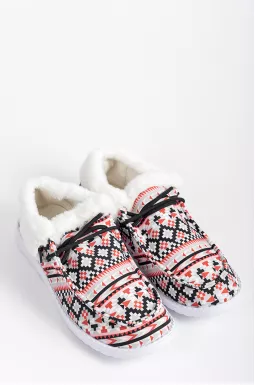 Мокасини текстильні з геометричним принтом і екохутром великих розмірів