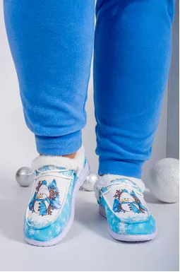 Мокасини текстильні з принтом сніговика і екохутром великих розмірів