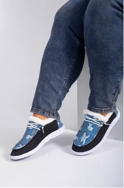 Мокасини текстильні з ефектом деніму і екохутром великих розмірів