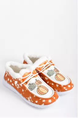 Мокасини текстильні з осіннім принтом і екохутром великих розмірів