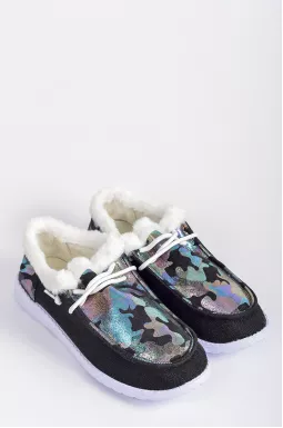 Мокасини текстильні з кольоровим принтом і екохутром великих розмірів
