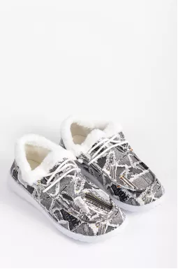 Мокасини текстильні з абстрактним принтом і екохутром великих розмірів