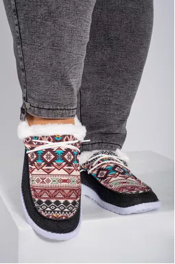 Мокасини текстильні з етнічним принтом і екохутром великих розмірів