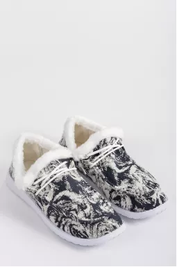 Мокасини з чорно-білим принтом і екохутром великих розмірів