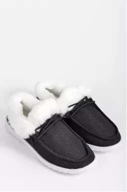 Мокасини текстильні чорні з принтом зірочок і екохутром великих розмірів