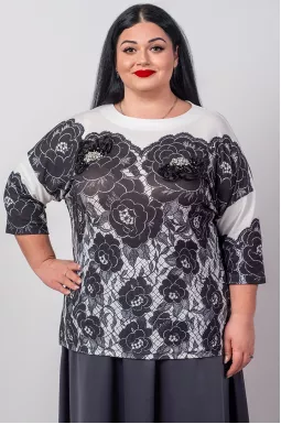 Блуза довга з контрастним флористичним принтом великих розмірів
