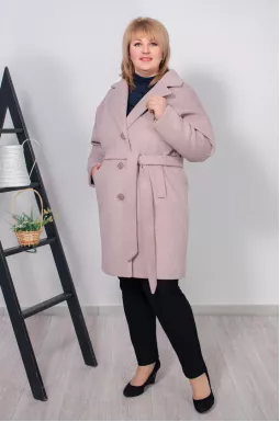 Комфортное кашемировое пальто с поясом в светло-сиреневом цвете супер батал