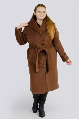 Однотонное пальто с поясом супер батал