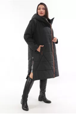 Стильное и теплое пальто с оранжевыми вставками супер батал