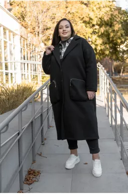 Черное пальто с карманами на молниях супер батал