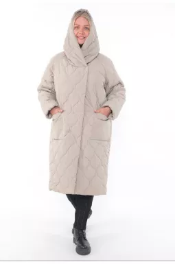 Пальто  холлофайбер з капюшоном бежевого кольору батал