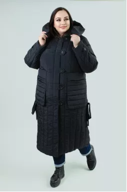 Пальто стеганое с большими карманами, с молниями, заклепками и пуговицами супер батал