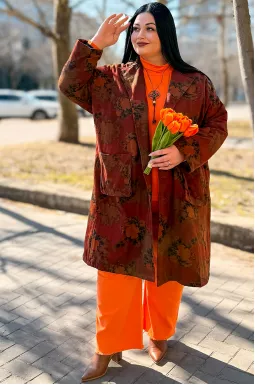 Пальто з квітковим принтом і накладними кишенями великих розмірів