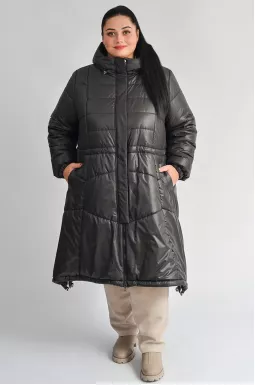 Графитовое пальто с капюшоном и фиксатором на талии больших размеров