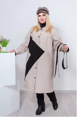Стильний бежевий плащ з асиметричним геометричним принтом супер батал