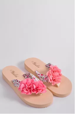 Вьетнамки бежевого цвета с розовым цветочным декором больших размеров