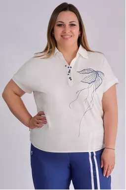 Біле поло з ґудзиками та декоративною вишивкою великих розмірів