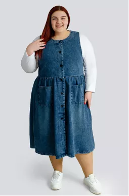 Джинсовый сарафан миди с пуговицами и карманами больших размеров