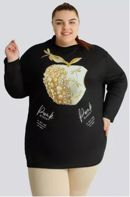 Чорна трикотажна туніка з золотавим декором великих розмірів