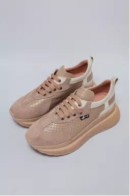 Бежеві шкіряні кросівки з замшевими вставками великих розмірів