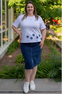 Джинсова спідниця міді із розрізом великих розмірів