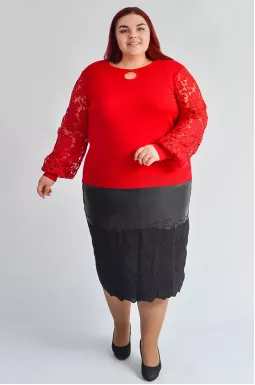 Спідниця міді з екошкіри з декоративною прошвою великих розмірів