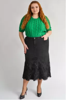 Чорна спідниця міді з квітковою прошвою великих розмірів