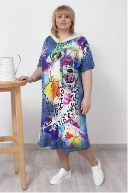 Сукня з каптуром в яскравий принт з блискітками батал