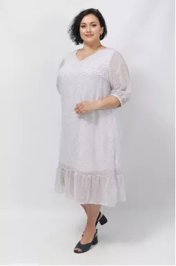 Сукня шифонова в принт з воланом і трикутною горловиною батал