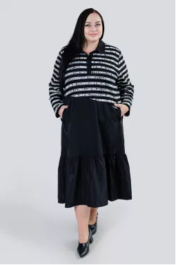 Стильна чорно-біла сукня міді з воланом супер батал