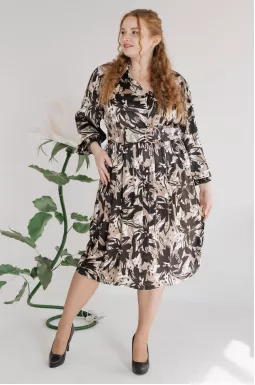 Платье миди атласное в принт с поясом батал