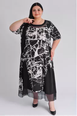 Сукня максі чорно-біла з сіткою великих розмірів