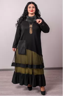 Платье макси с контрастной юбкой и декоративным карманом большого размера